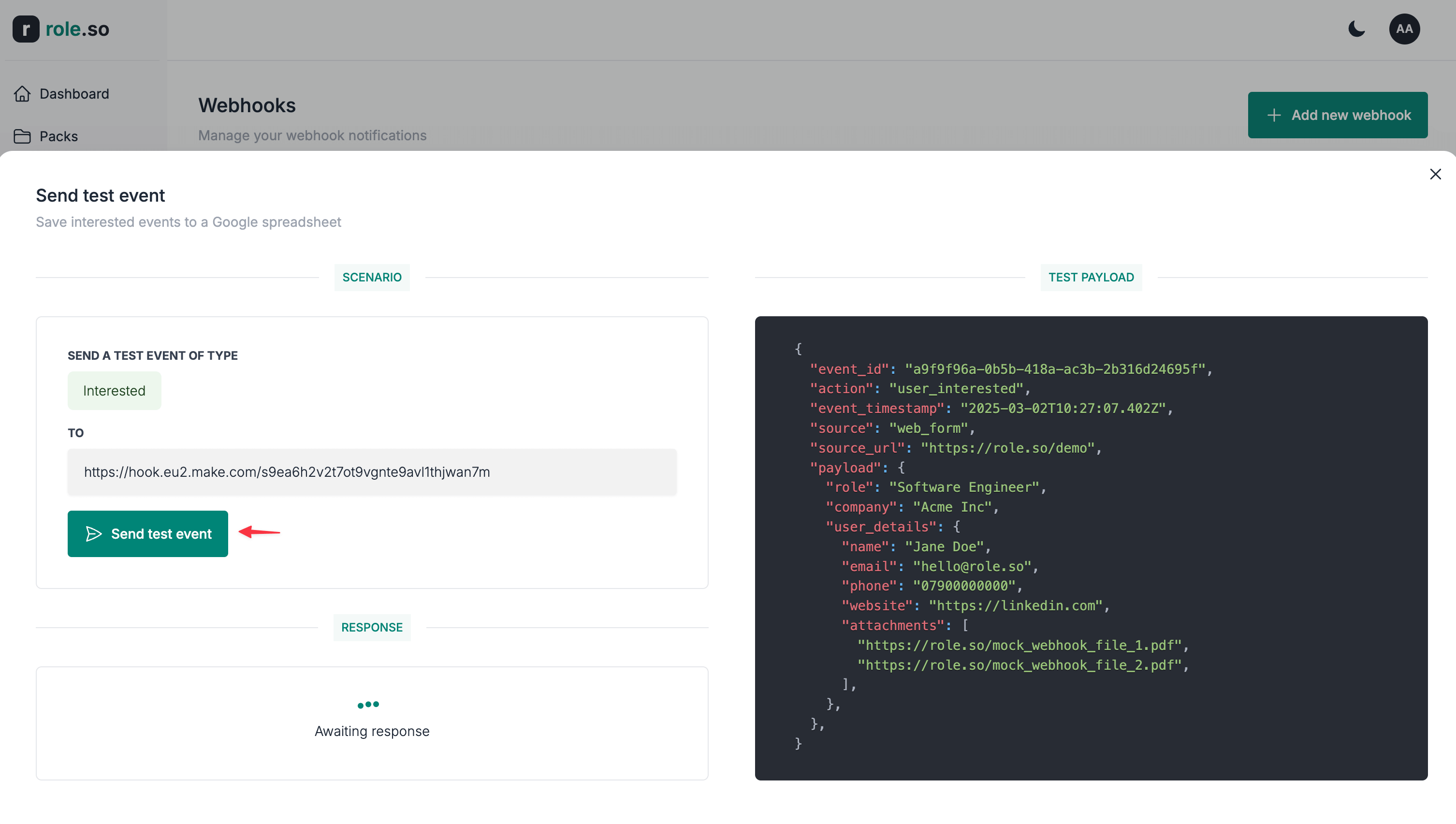 Click the send test event button